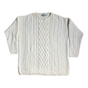Aran Crafts Merino Wool Cashmere Chunky Fisherman Crewneck Sweater Cream XXL